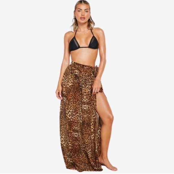 Other - Leopard Cheetah Sheer Wrap Skirt Cover -Up Adjustable Waist Maxi Length size M